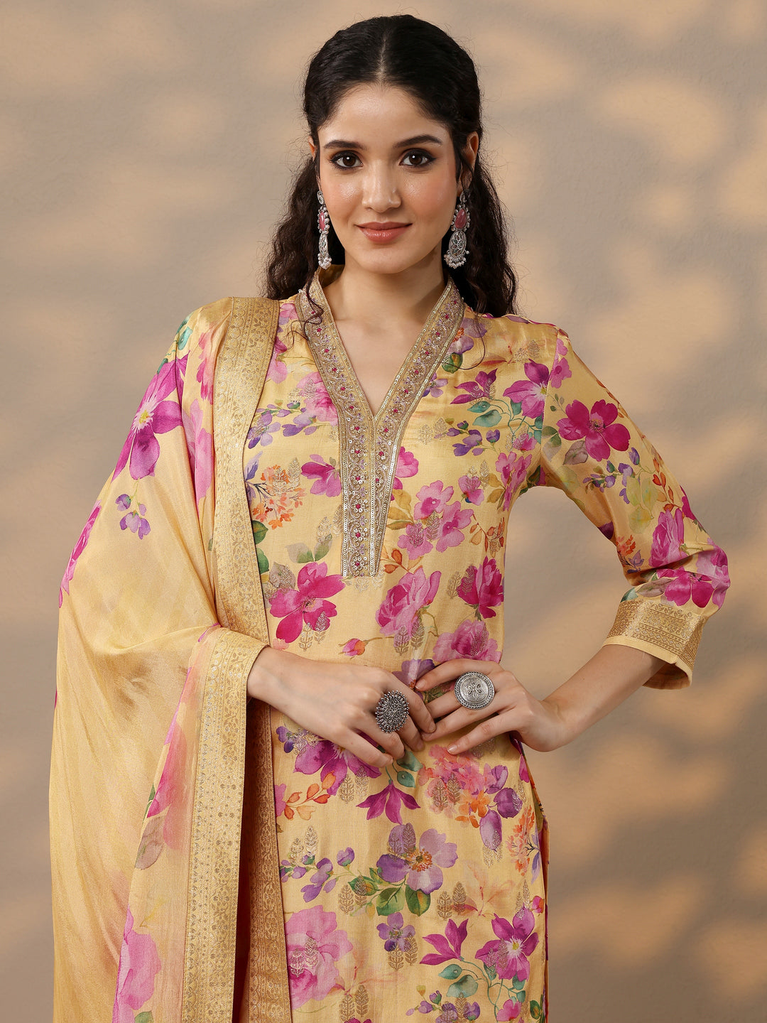  Yellow Printed Silk Blend Straight Suit Set With Dupatta 