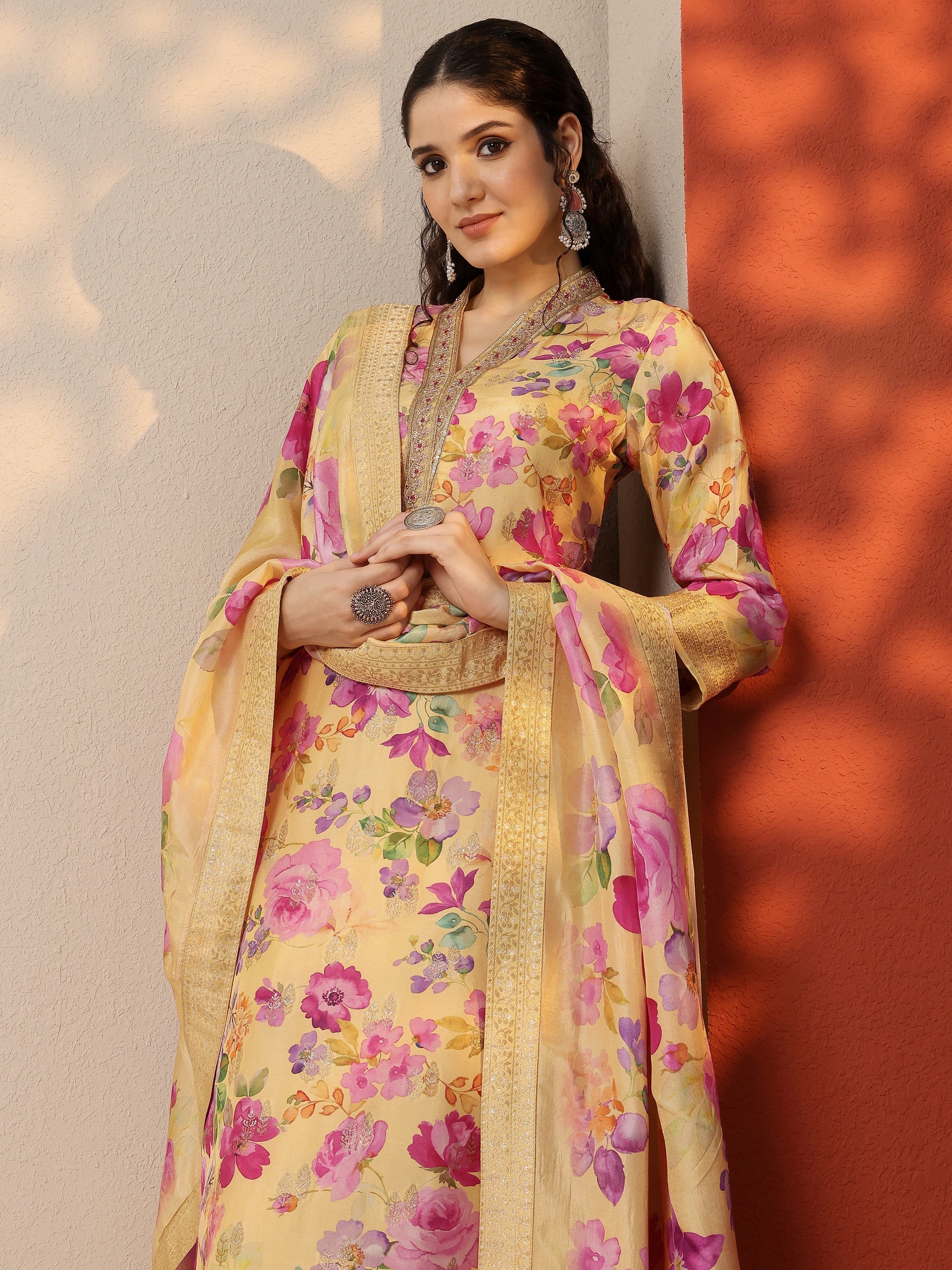 libas Yellow Printed Silk Blend Straight Suit Set With Dupatta-picture-27