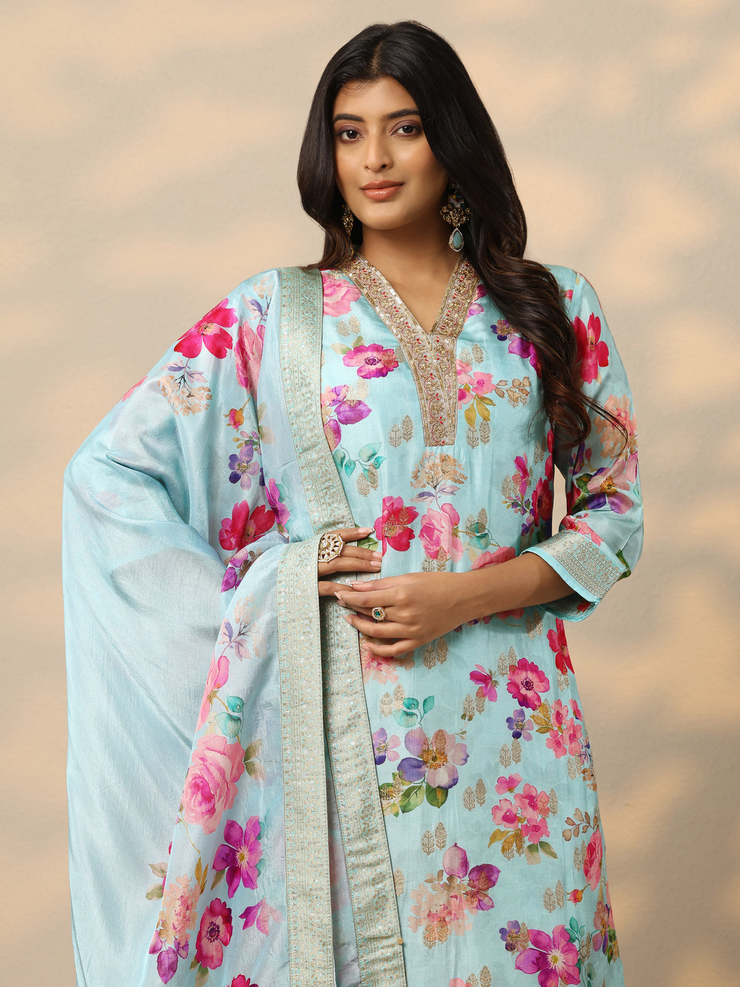  Blue Floral Silk Blend Straight Suit Set With Dupatta 