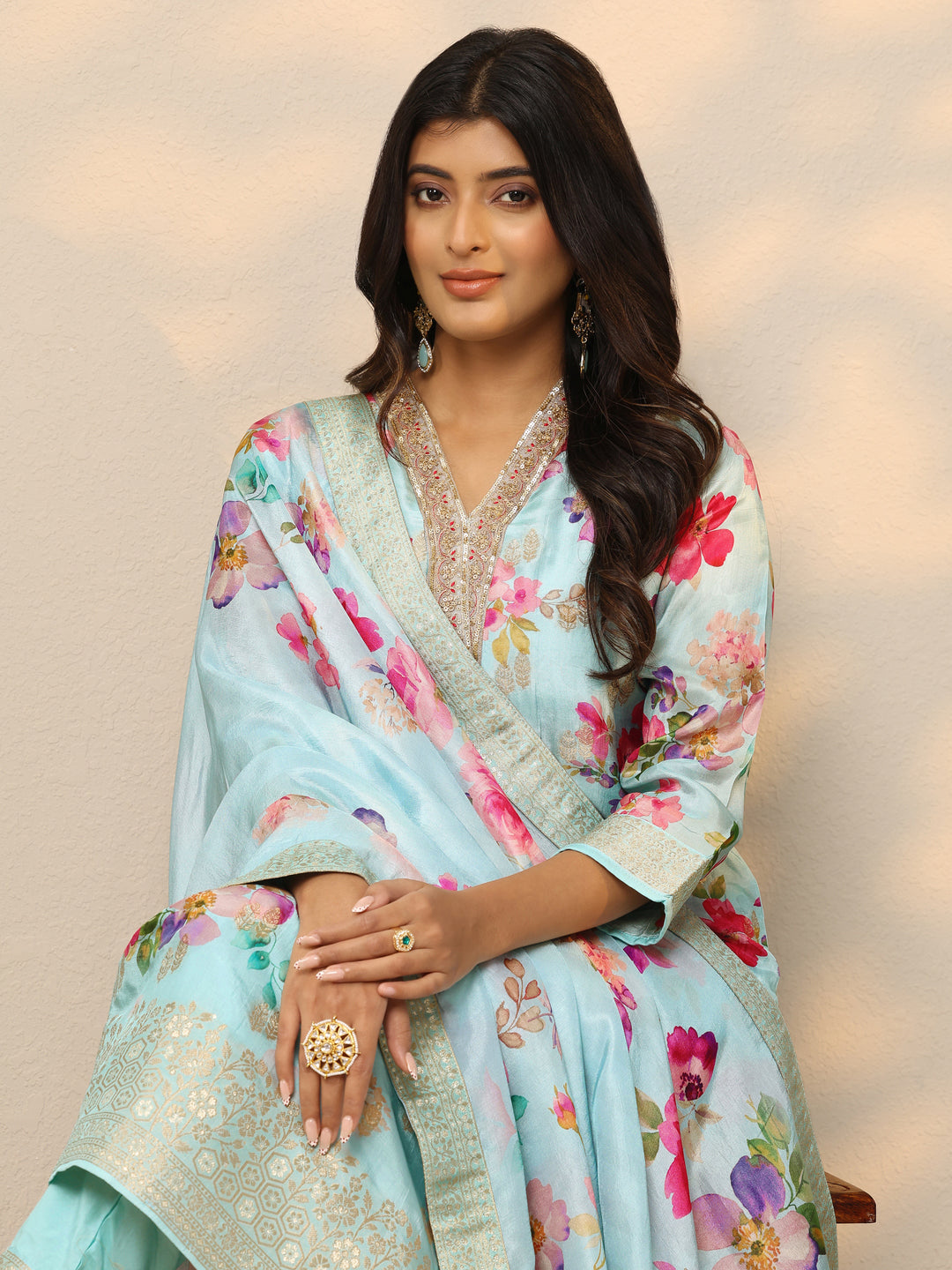 Blue Floral Silk Blend Straight Suit Set With Dupatta