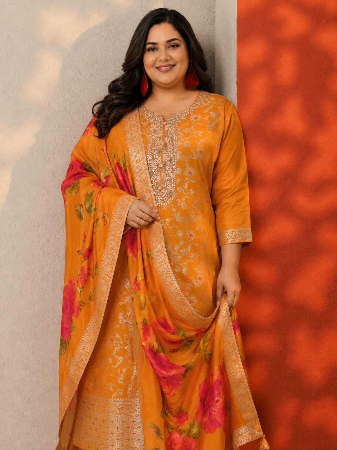  Plus Size Orange Woven Design Silk Blend Straight Suit Set With Dupatta 