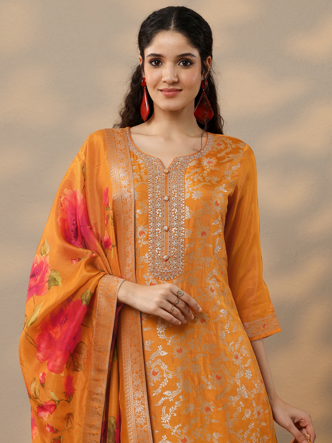  Orange Woven Design Silk Blend Straight Suit Set With Dupatta 