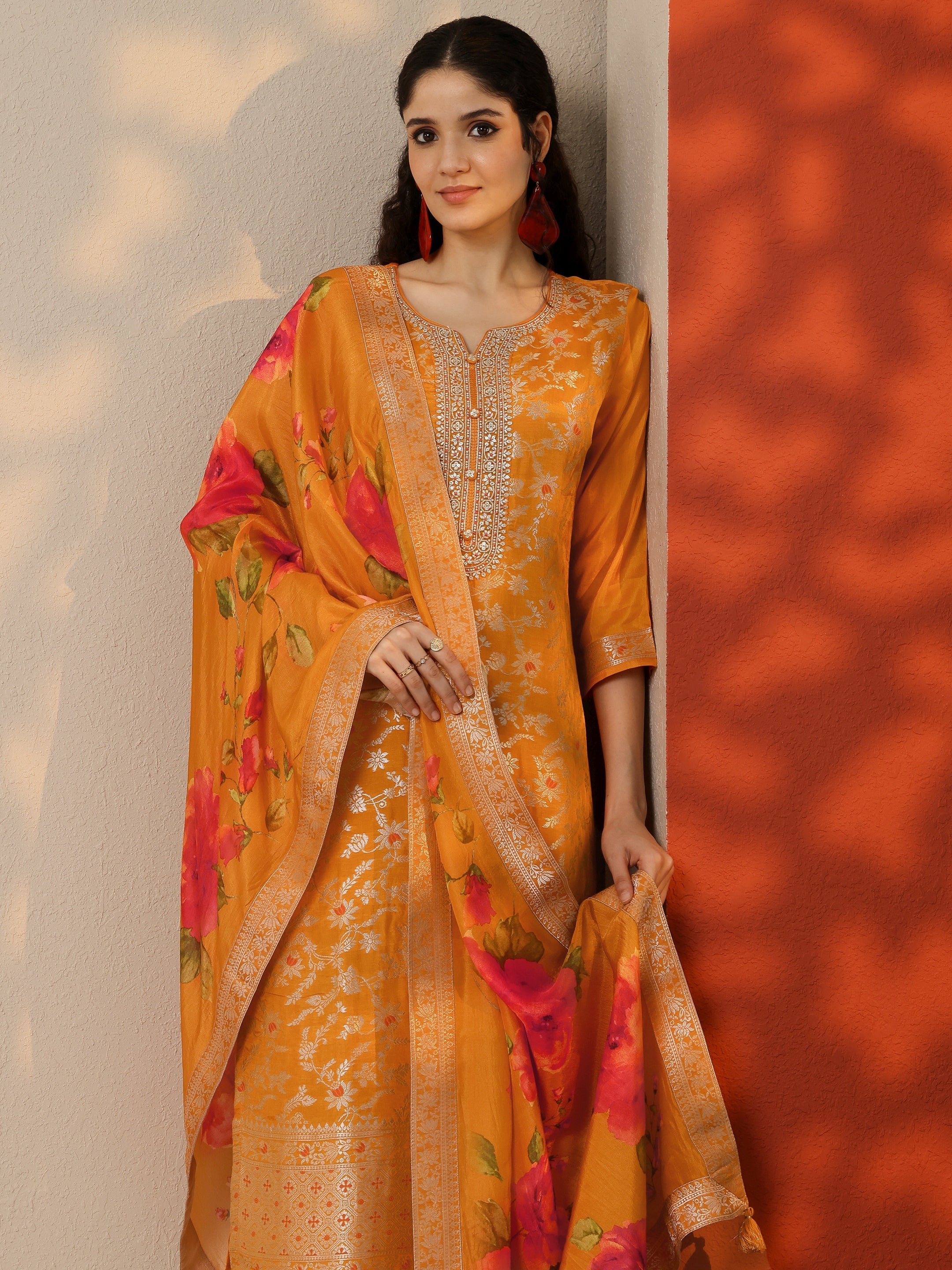 libas Orange Woven Design Silk Blend Straight Suit Set With Dupatta-picture-61