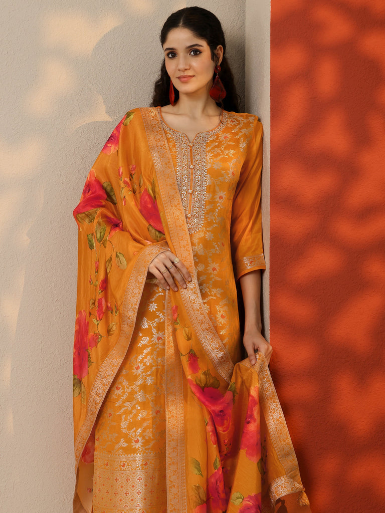 Libas Orange Woven Design Silk Blend Straight Suit Set With Dupatta