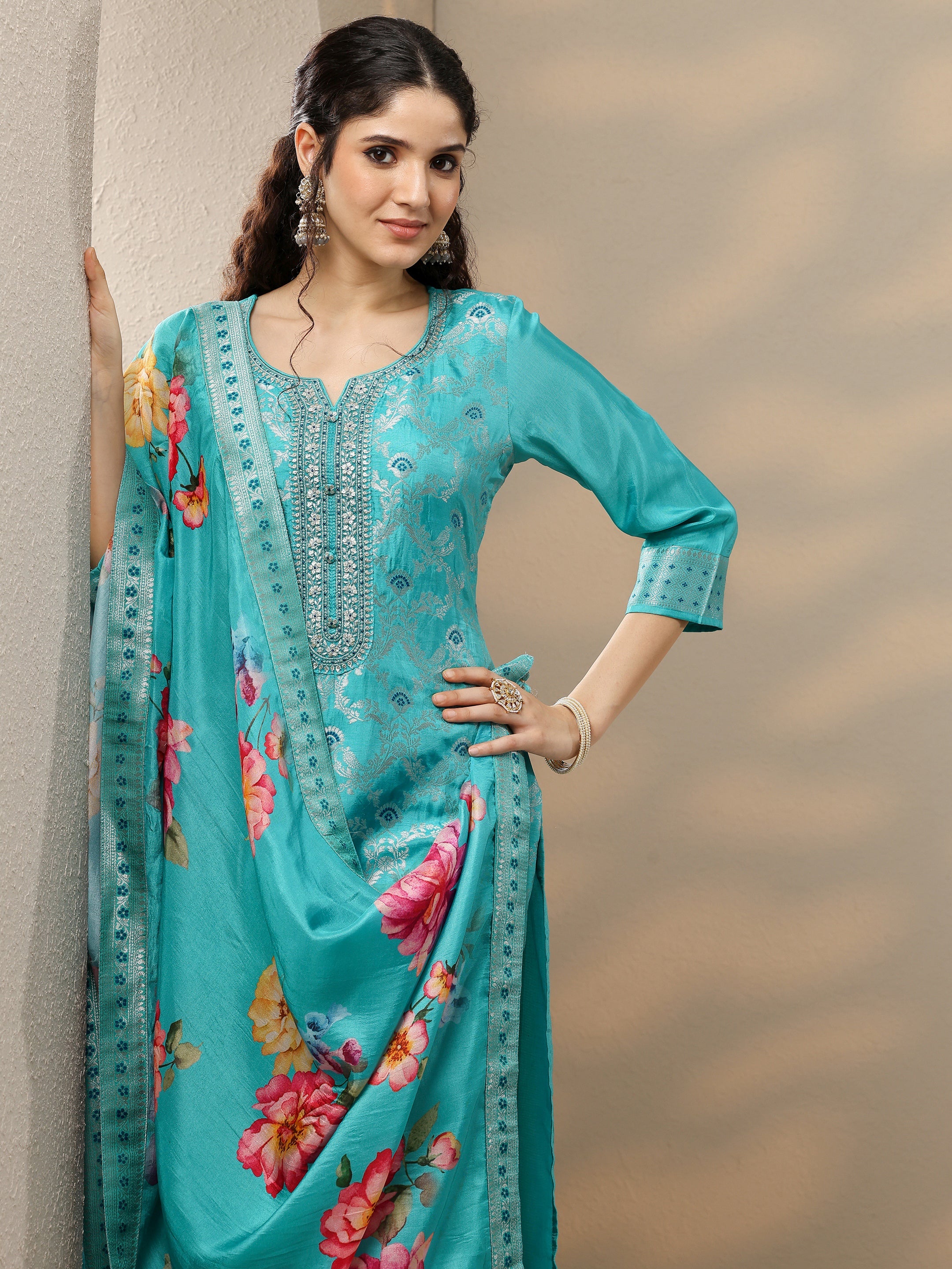 libas Blue Woven Design Silk Blend Straight Suit Set With Dupatta-picture-56