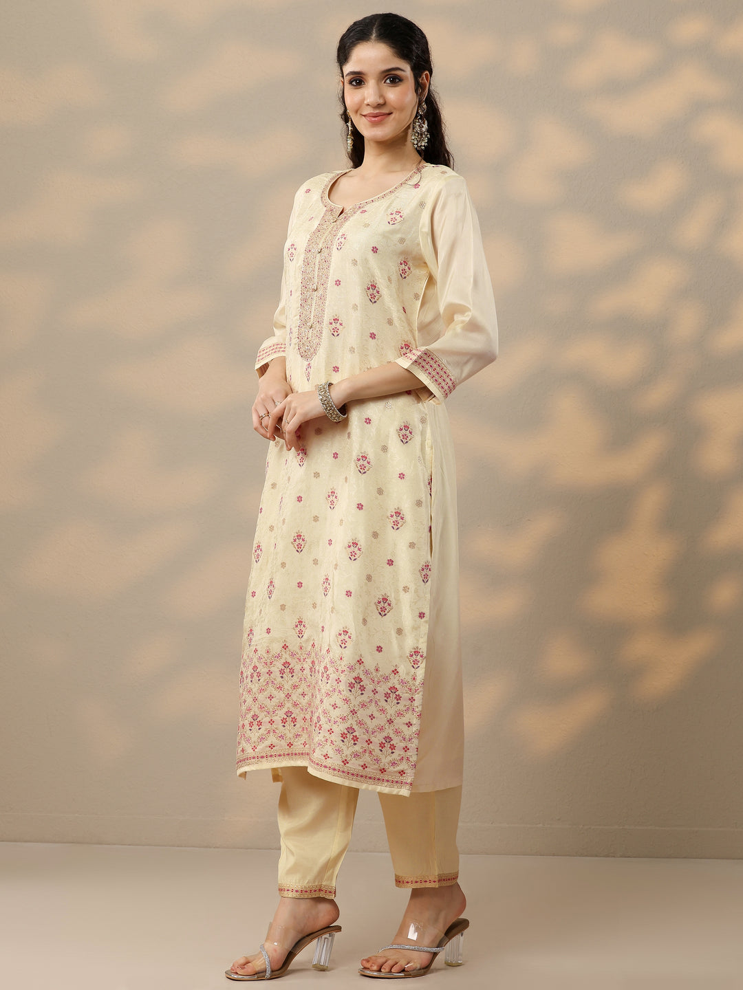  Off White Woven Design Silk Blend Straight Suit Set With Dupatta 