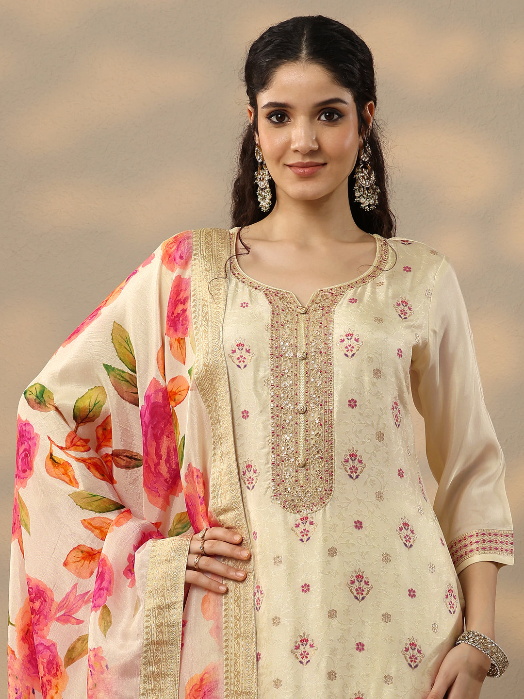  Off White Woven Design Silk Blend Straight Suit Set With Dupatta 
