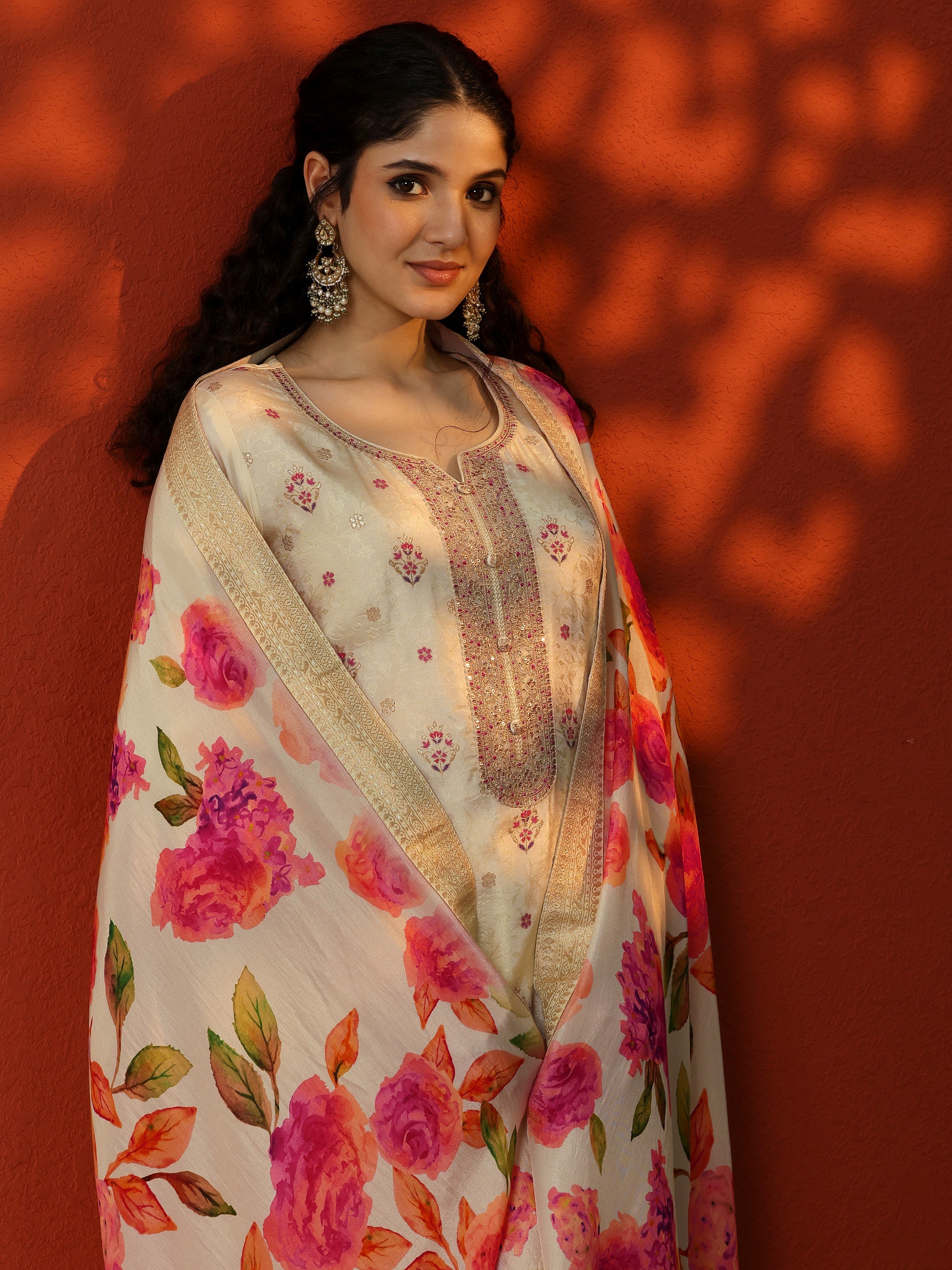 Off White Woven Design Silk Blend Straight Suit Set With Dupatta-image-26