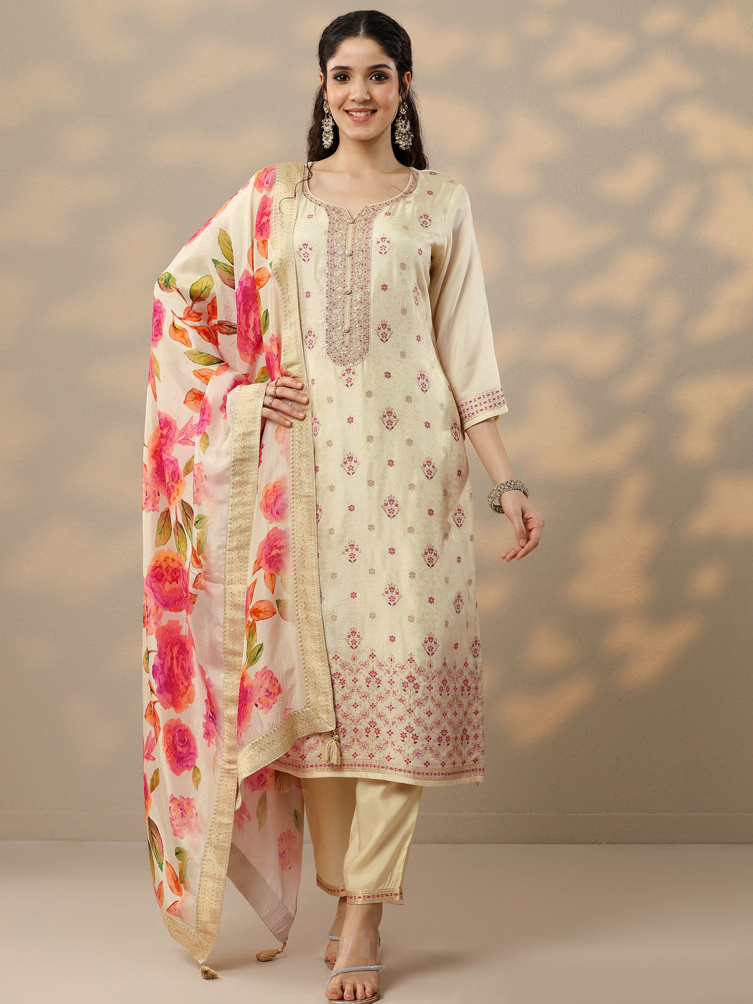  Off White Woven Design Silk Blend Straight Suit Set With Dupatta 
