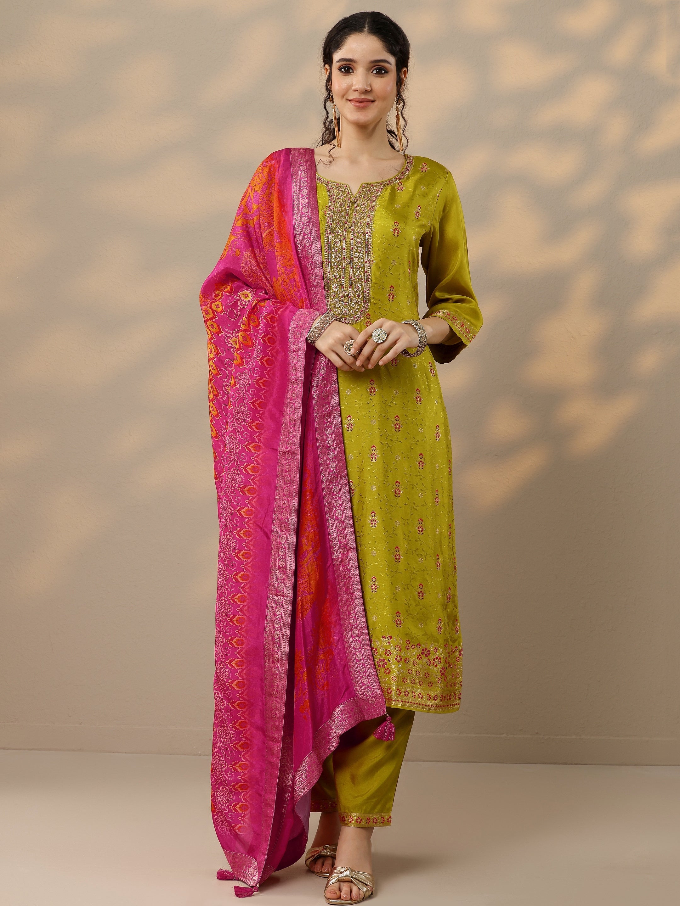 libas Lime Green Woven Design Silk Blend Straight Suit Set With Dupatta-picture-33