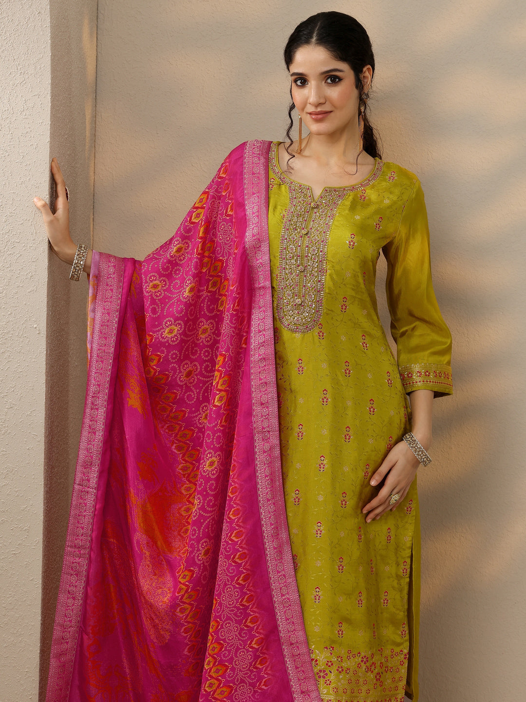  Lime Green Woven Design Silk Blend Straight Suit Set With Dupatta 