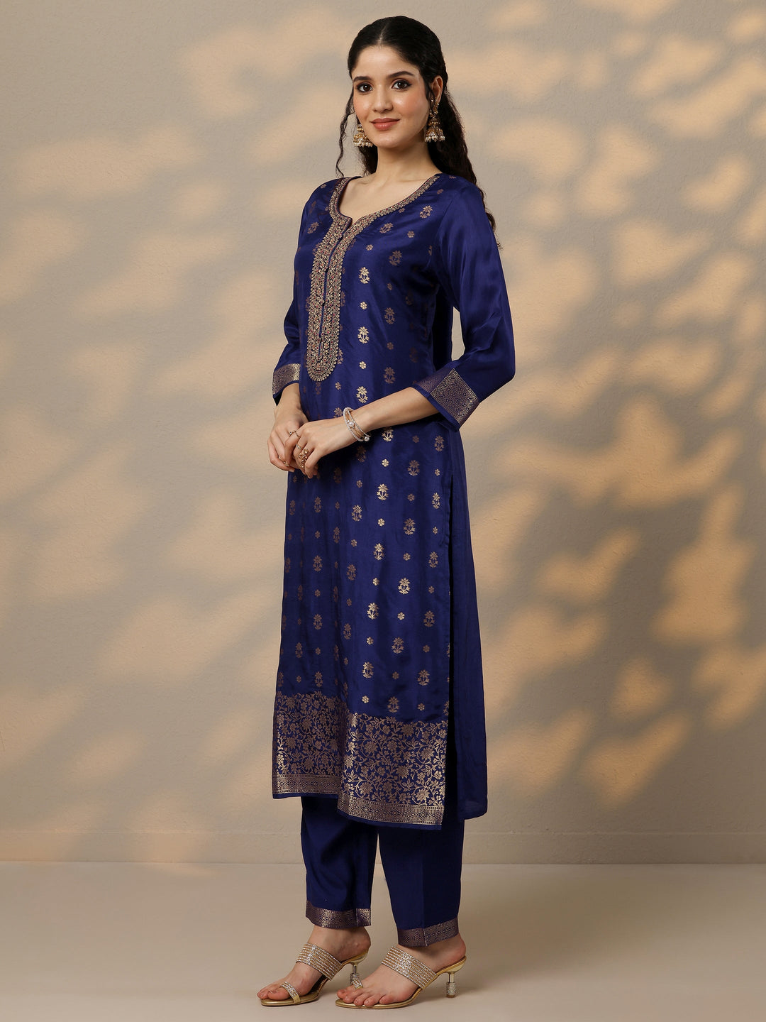  Purple Woven Design Silk Blend Straight Suit Set With Dupatta 