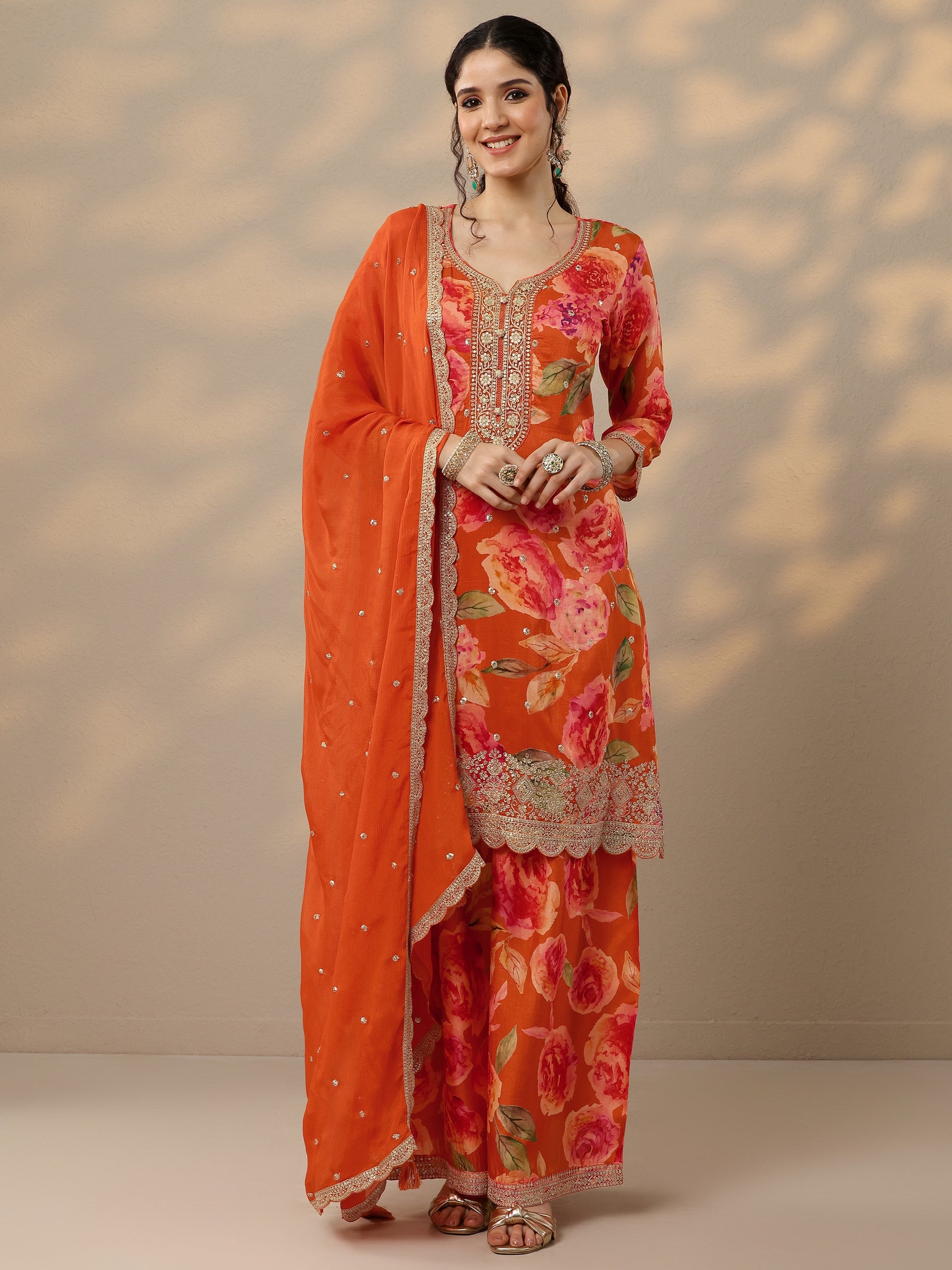 Orange Printed Silk Blend Straight Suit Set With Dupatta