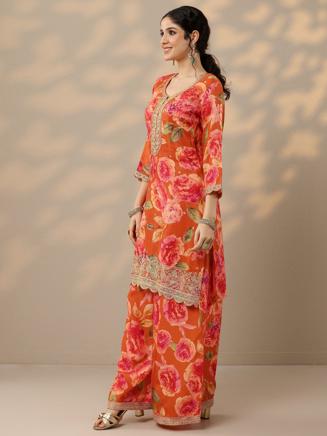  Orange Printed Silk Blend Straight Suit Set With Dupatta 