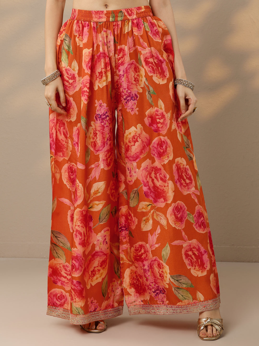  Orange Printed Silk Blend Straight Suit Set With Dupatta 
