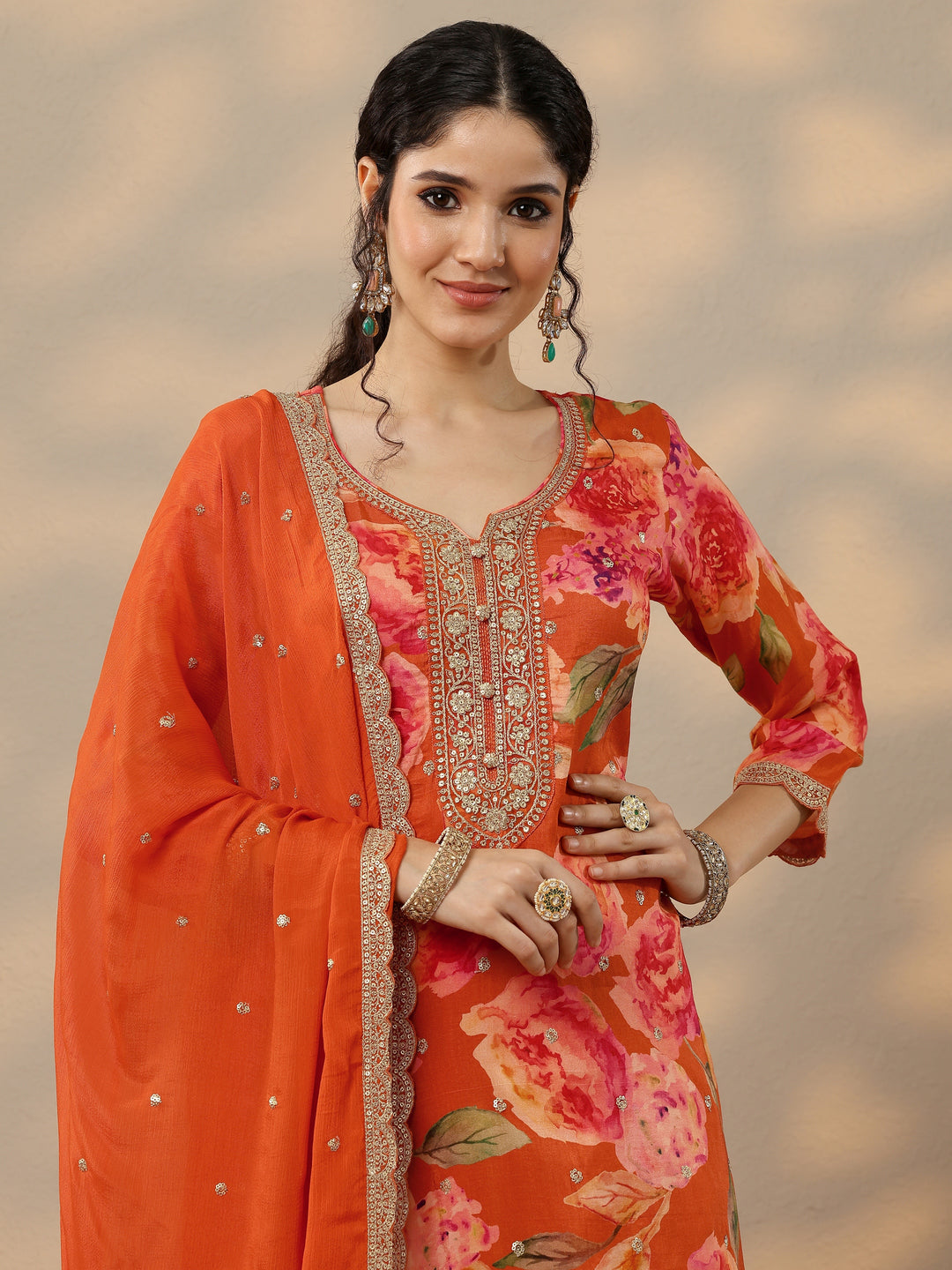  Orange Printed Silk Blend Straight Suit Set With Dupatta 