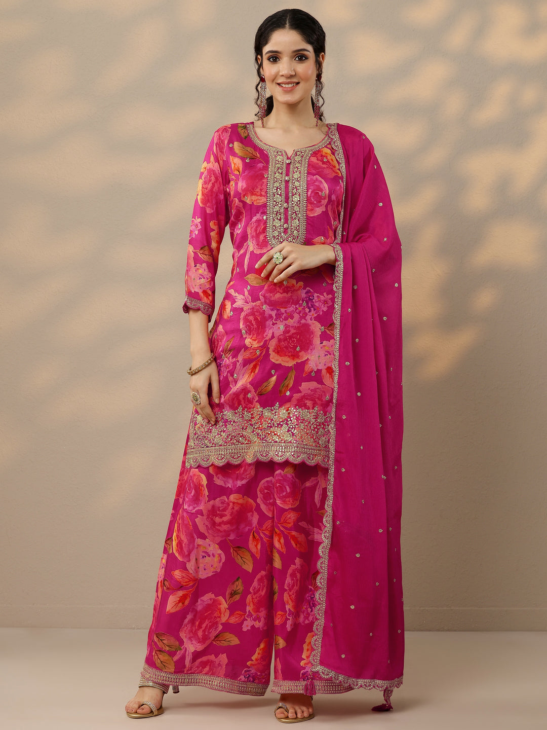  Magenta Printed Silk Blend Straight Suit Set With Dupatta 