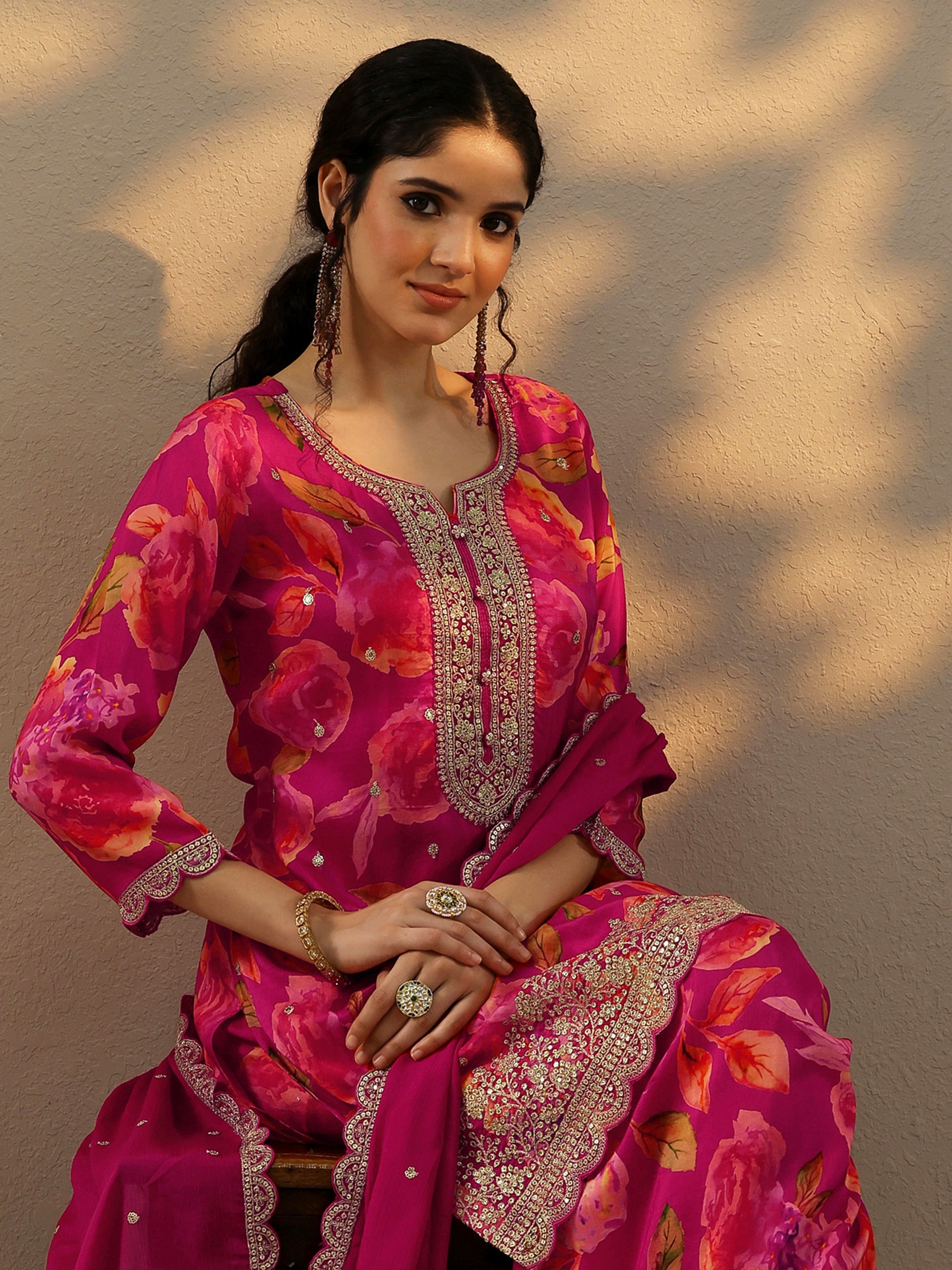 libas Magenta Printed Silk Blend Straight Suit Set With Dupatta-picture-18