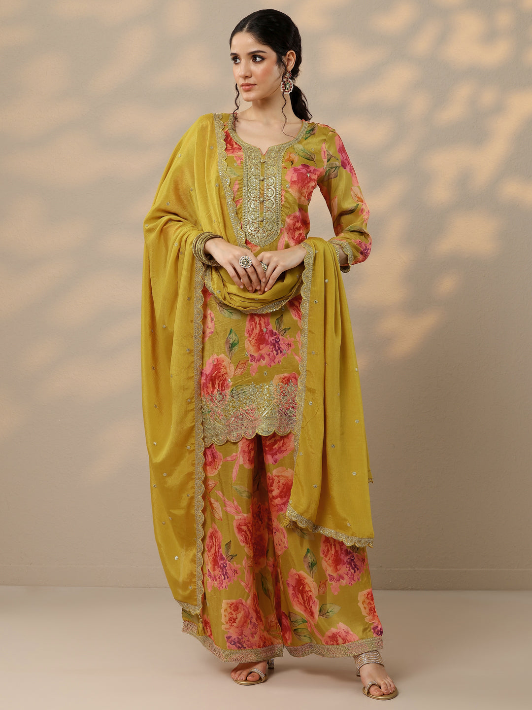 Mustard Printed Silk Blend Straight Suit Set With Dupatta 