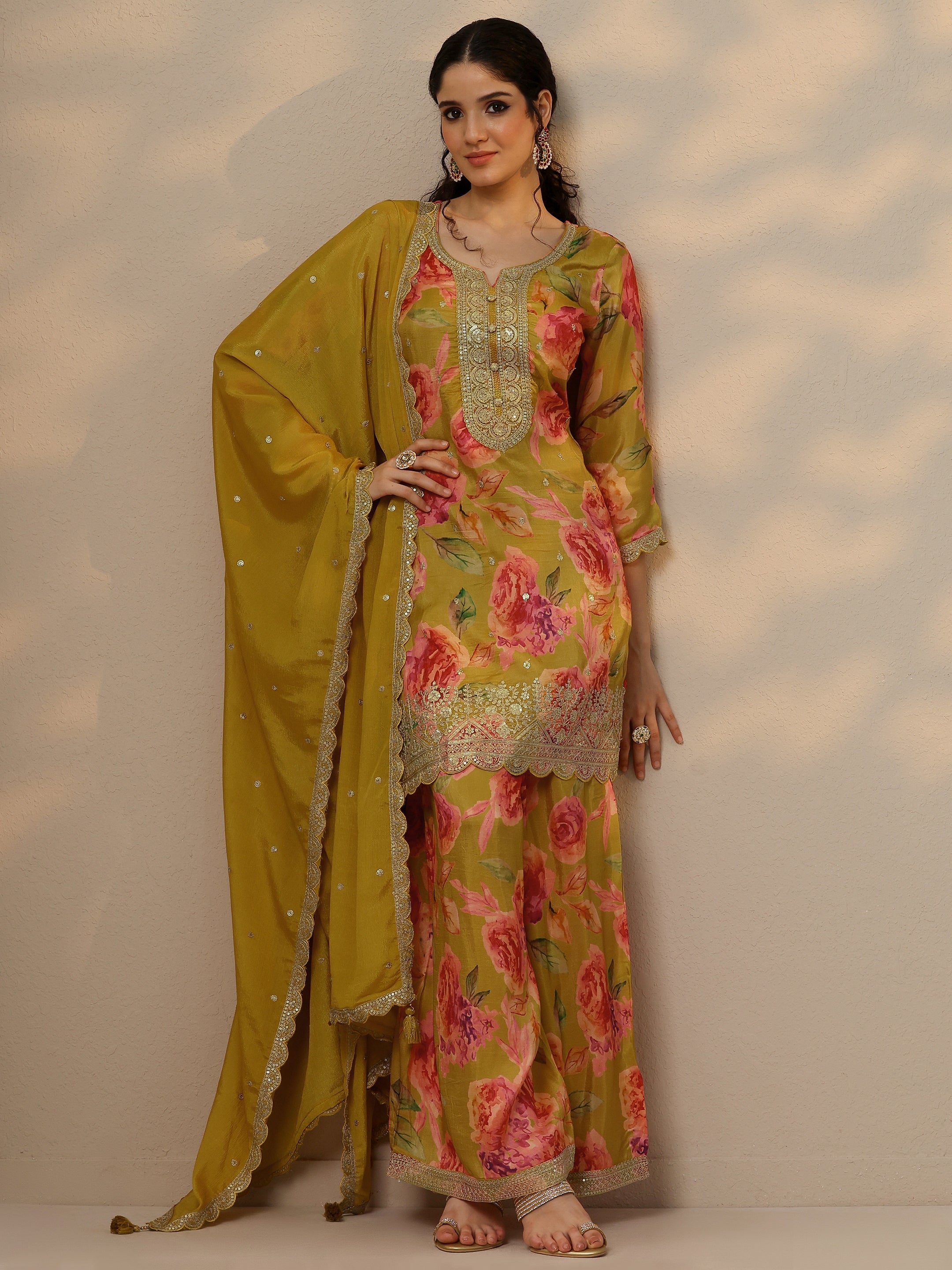 libas Mustard Printed Silk Blend Straight Suit Set With Dupatta-picture-24