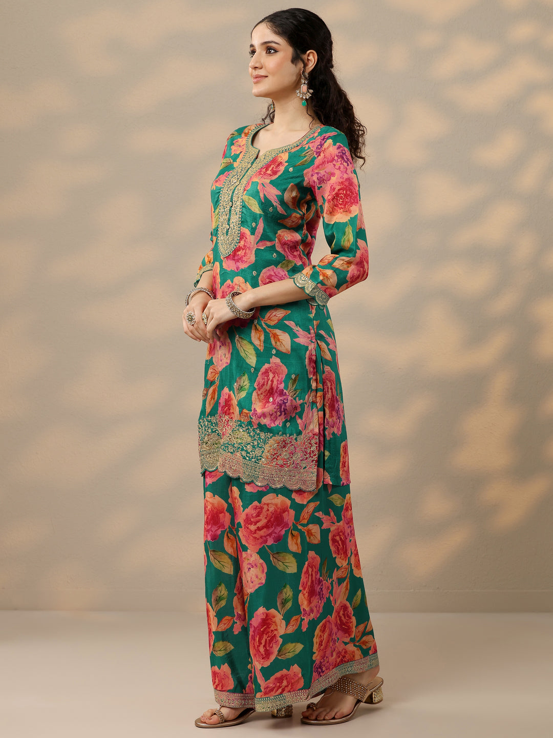  Green Printed Silk Blend Straight Suit Set With Dupatta 