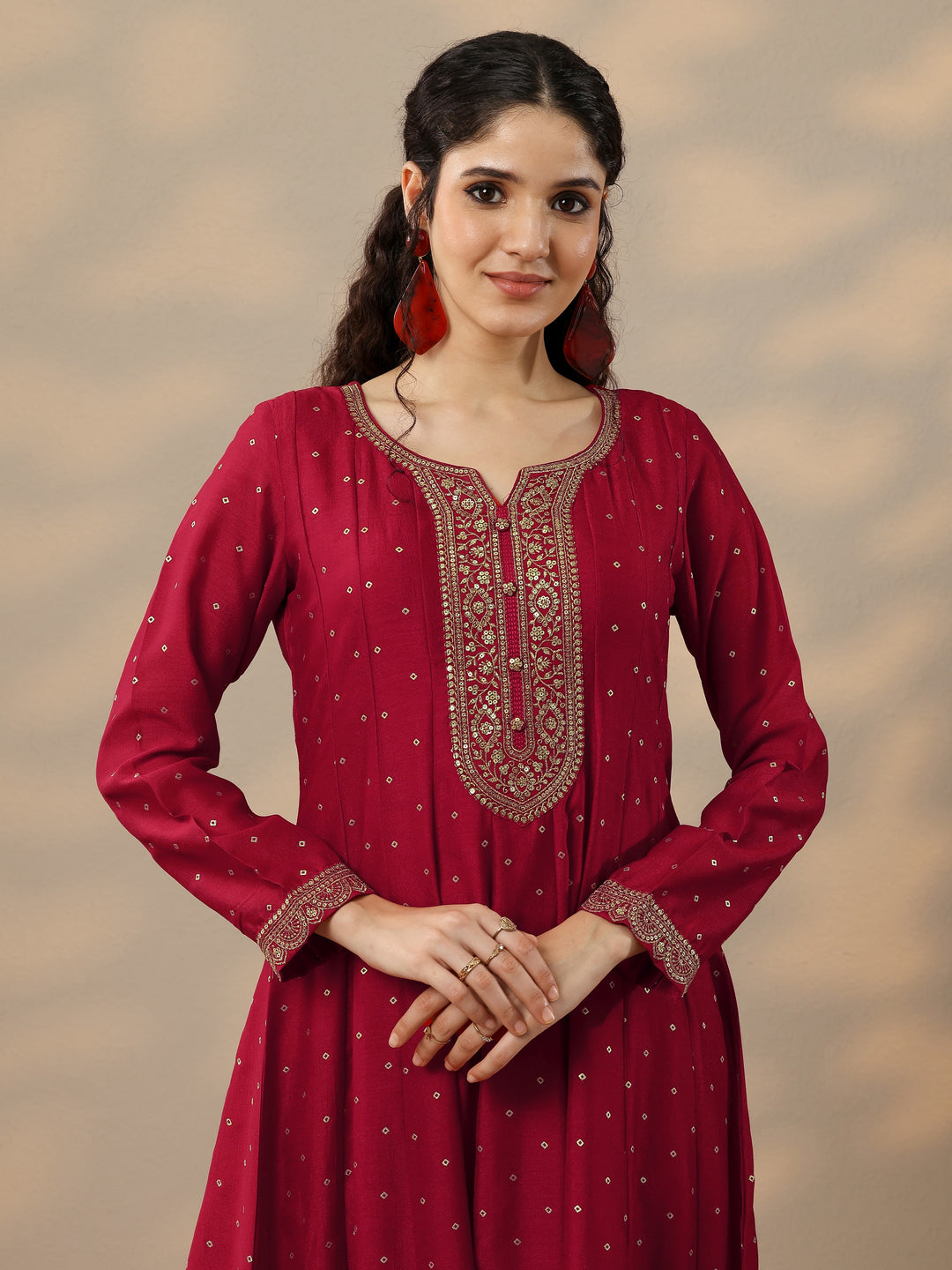  Red Embellished Silk Blend Anarkali Suit Set With Dupatta 