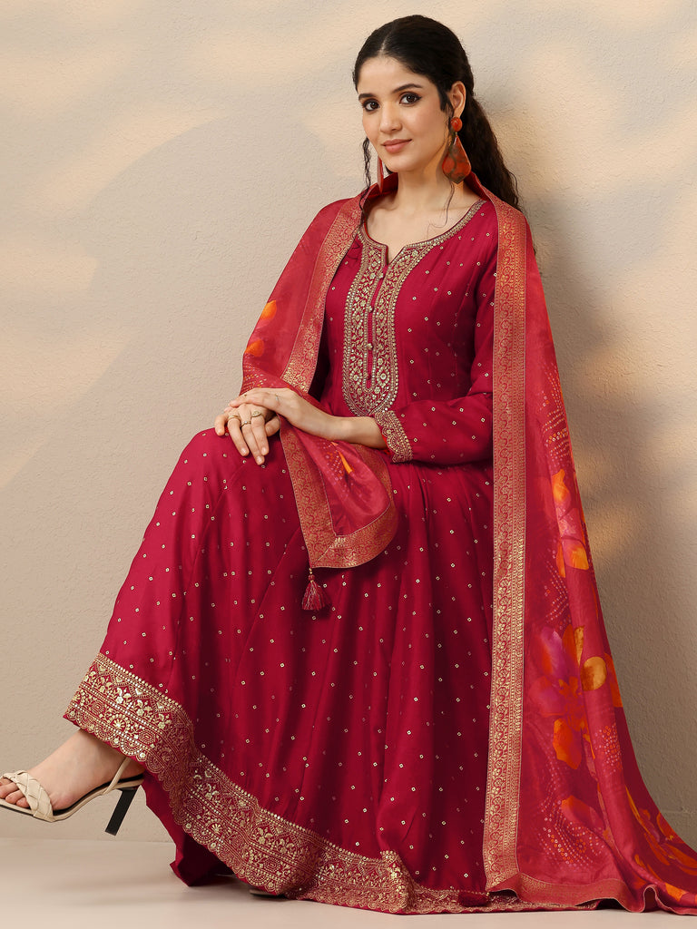 Libas Red Embellished Silk Blend Anarkali Suit Set With Dupatta