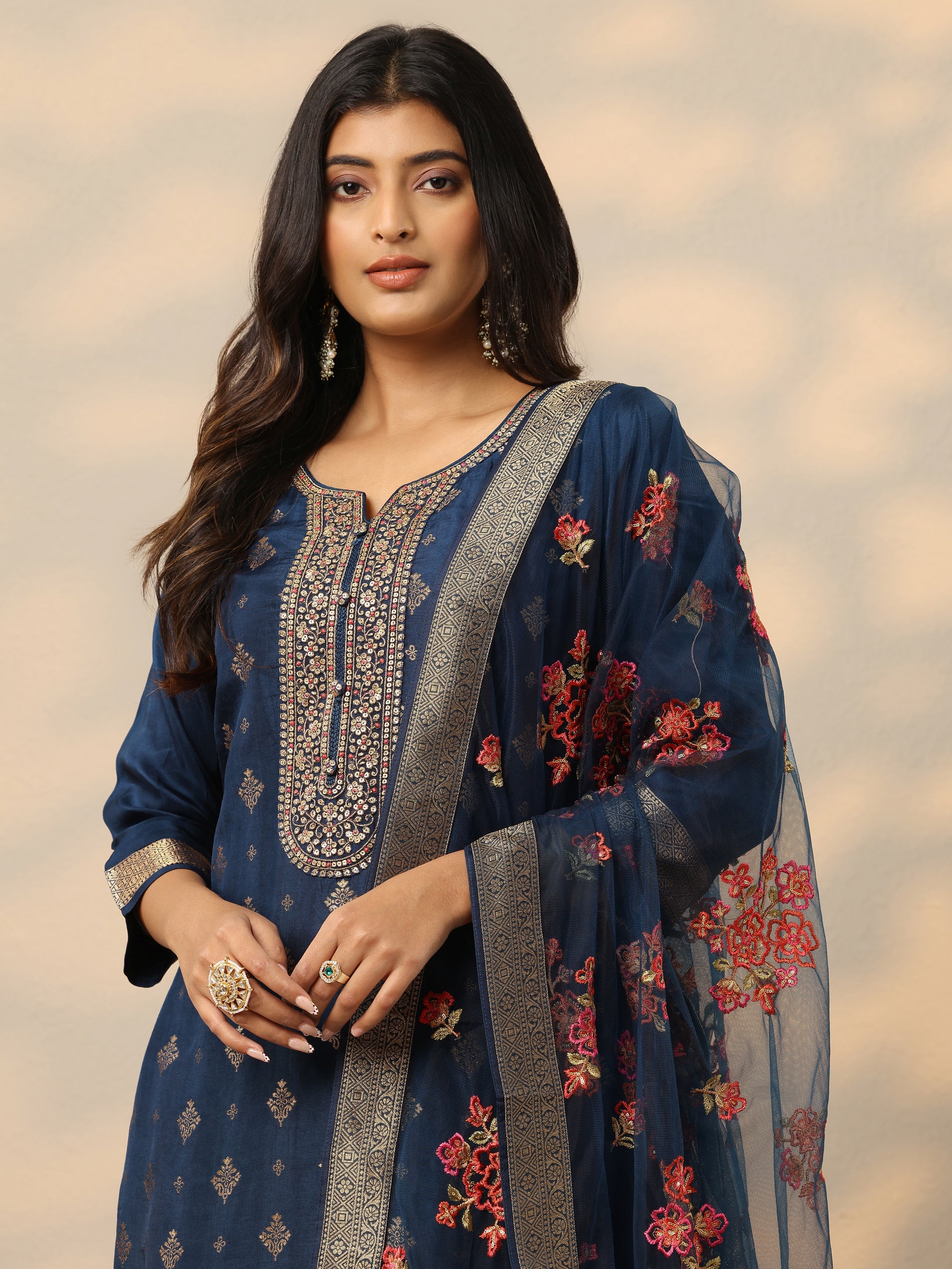 Blue Woven Design Silk Blend Straight Suit Set With Dupatta-image-39