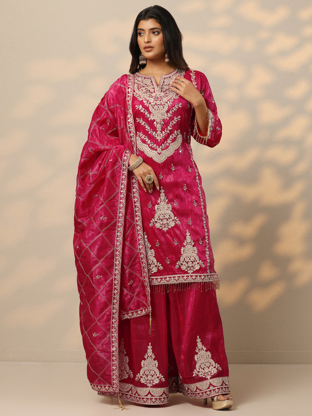  Libas Art Pink Embroidered Organza Straight Suit Set With Dupatta 