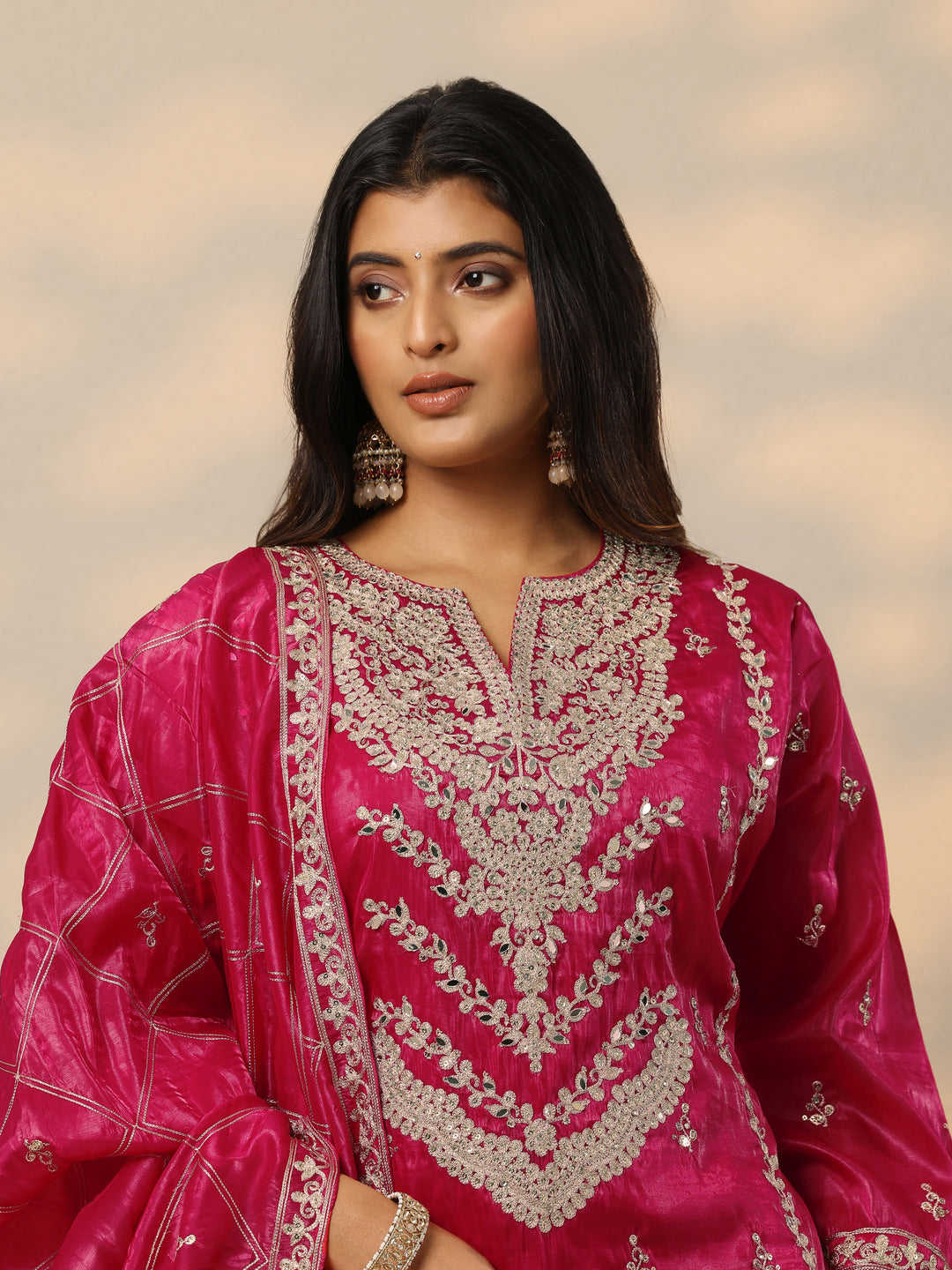  Libas Art Pink Embroidered Organza Straight Suit Set With Dupatta 