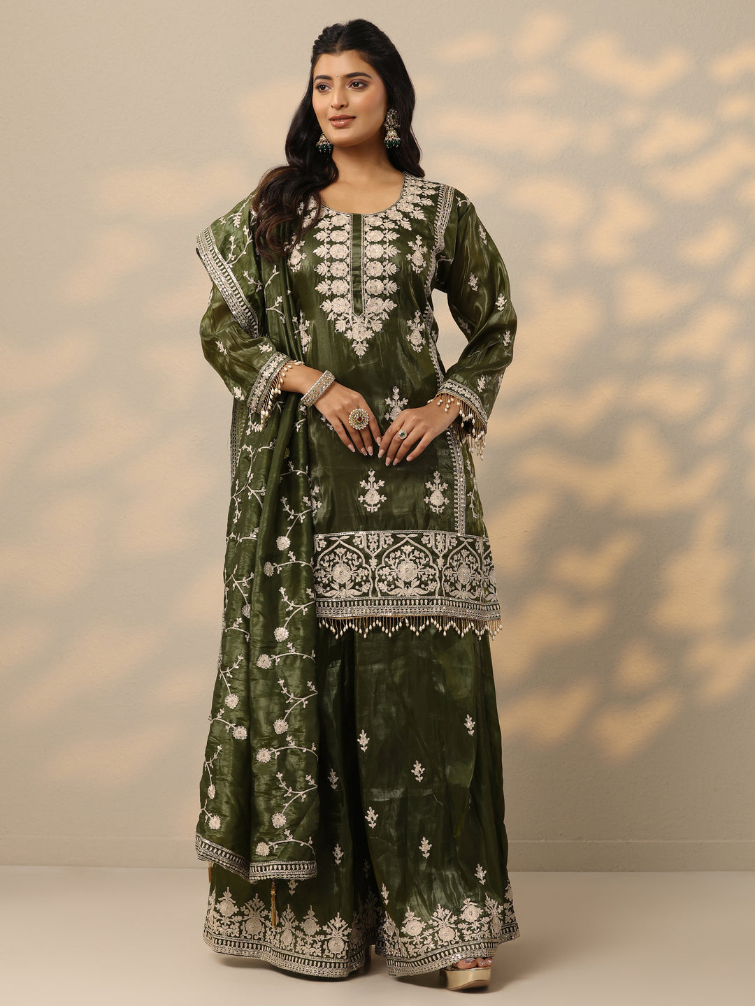  Libas Art Green Embroidered Organza Straight Suit Set With Dupatta 
