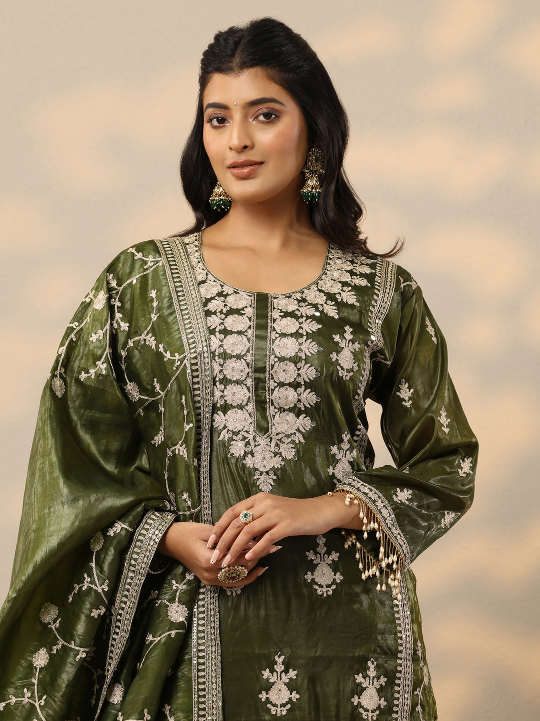  Libas Art Green Embroidered Organza Straight Suit Set With Dupatta 