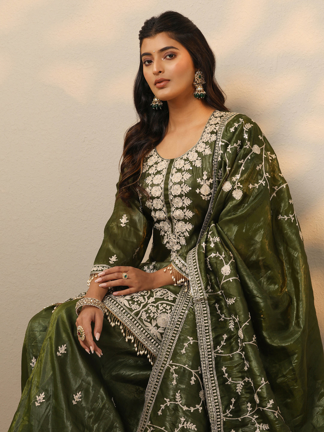 Libas Art Green Embroidered Organza Straight Suit Set With Dupatta