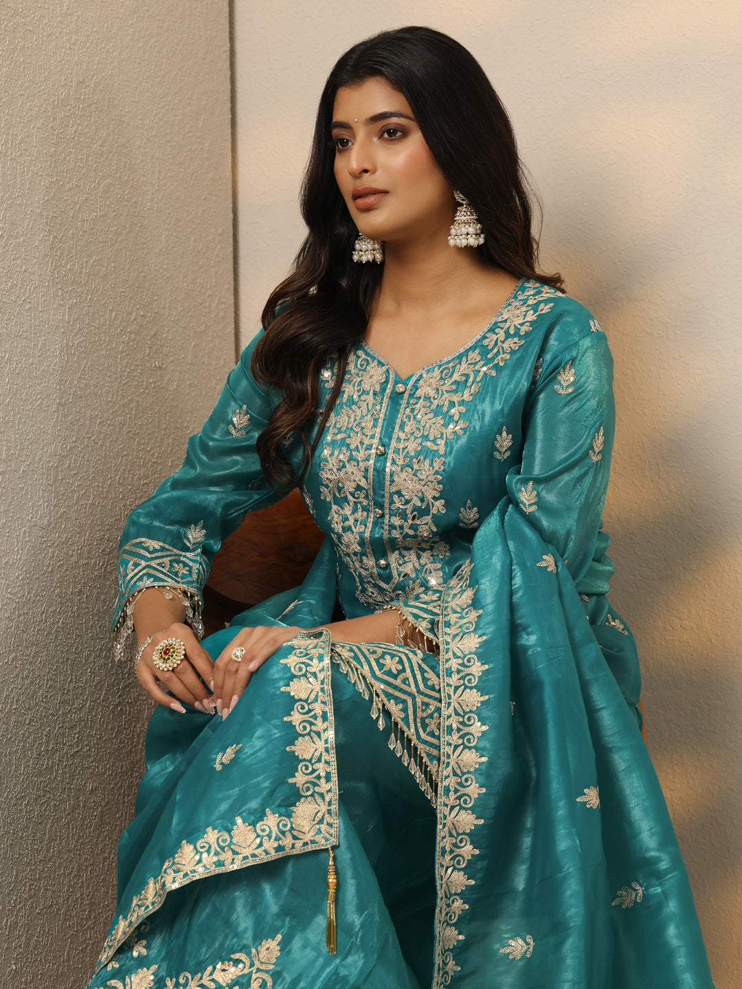  Libas Art Blue Embroidered Organza Straight Suit Set With Dupatta 