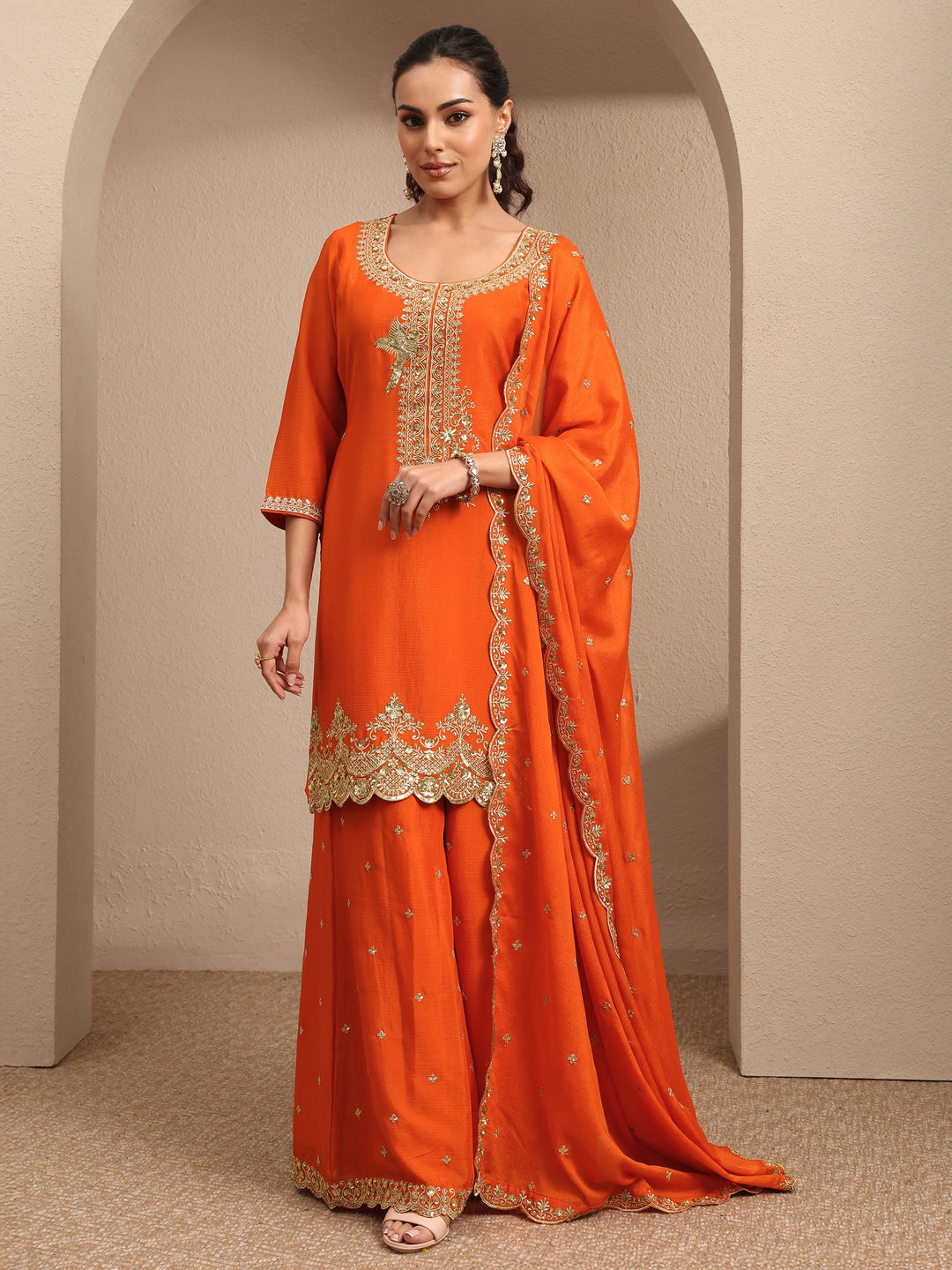  Orange Embroidered Chinon Straight Suit Set With Dupatta 