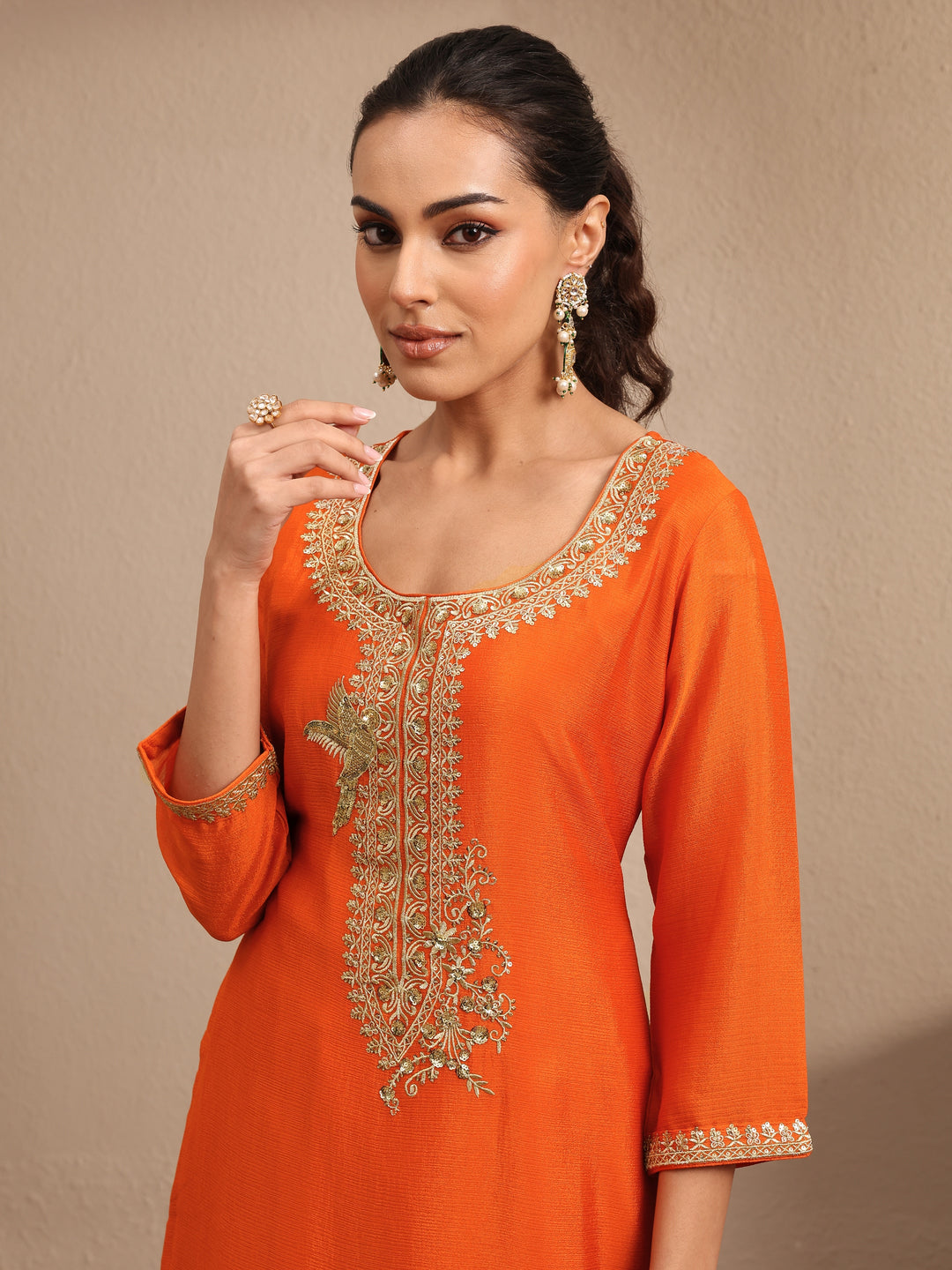  Orange Embroidered Chinon Straight Suit Set With Dupatta 
