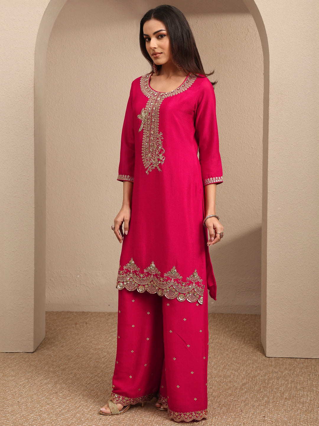  Pink Embroidered Chinon Straight Suit Set With Dupatta 