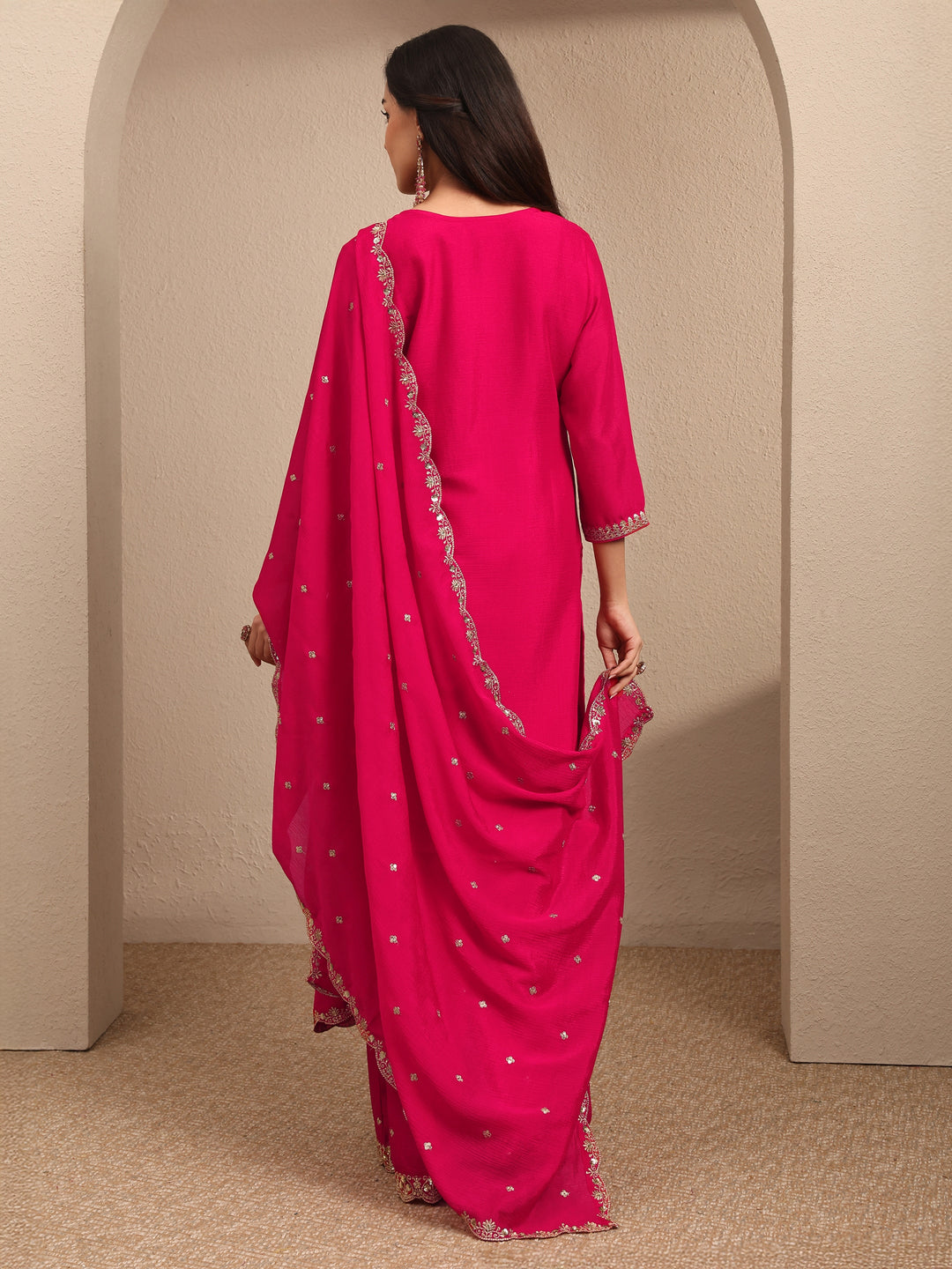  Pink Embroidered Chinon Straight Suit Set With Dupatta 