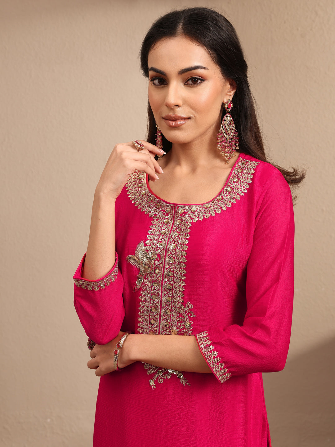  Pink Embroidered Chinon Straight Suit Set With Dupatta 