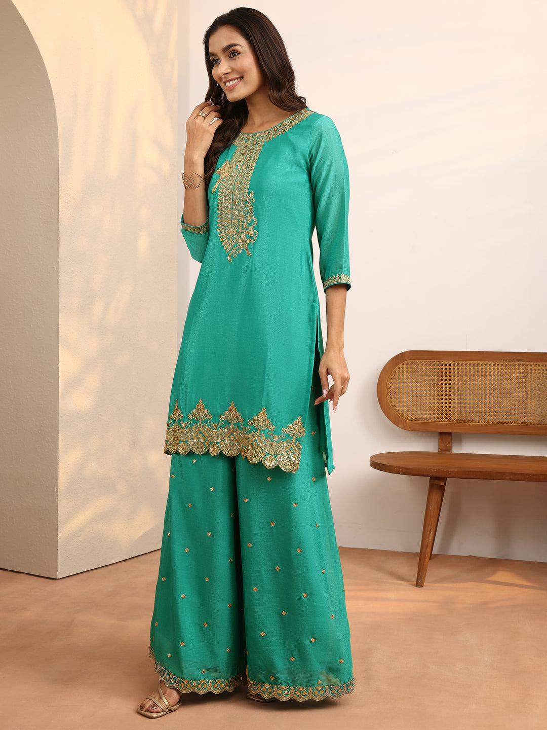  Green Embroidered Chinon Straight Suit Set With Dupatta 