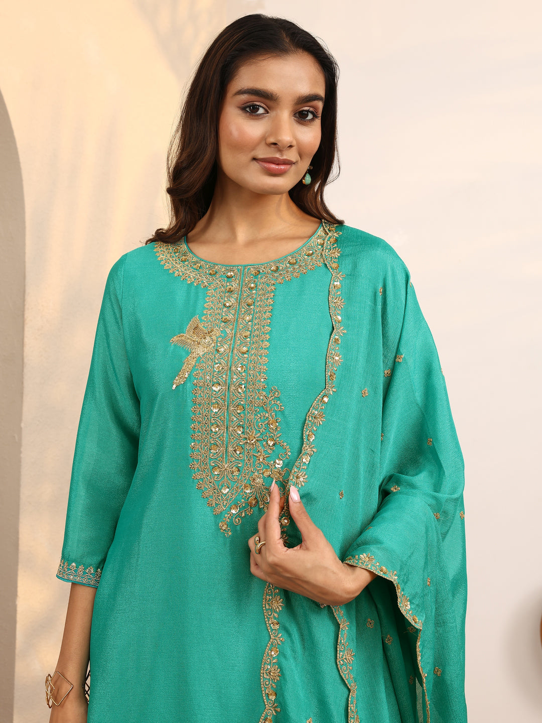  Green Embroidered Chinon Straight Suit Set With Dupatta 