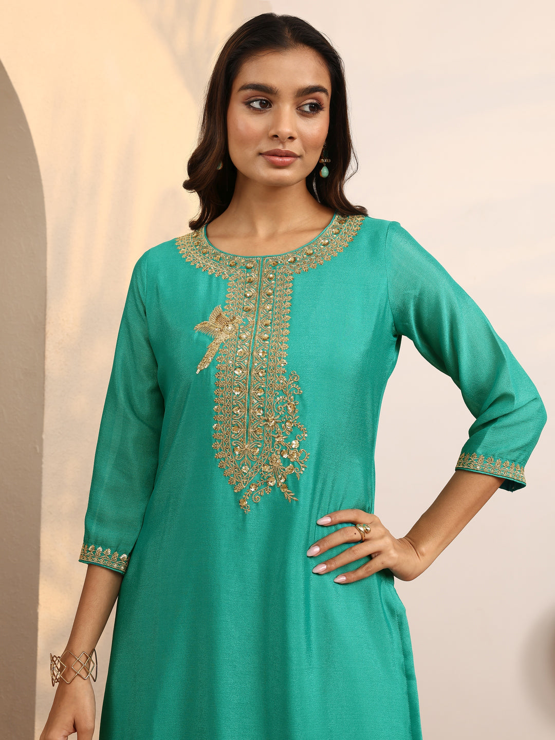  Green Embroidered Chinon Straight Suit Set With Dupatta 