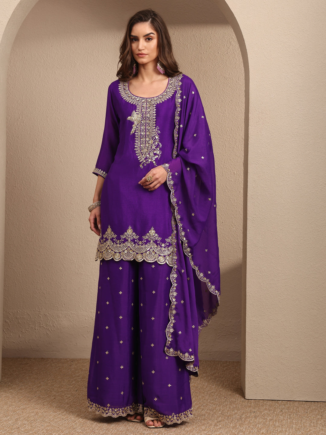  Purple Embroidered Chinon Straight Suit Set With Dupatta 