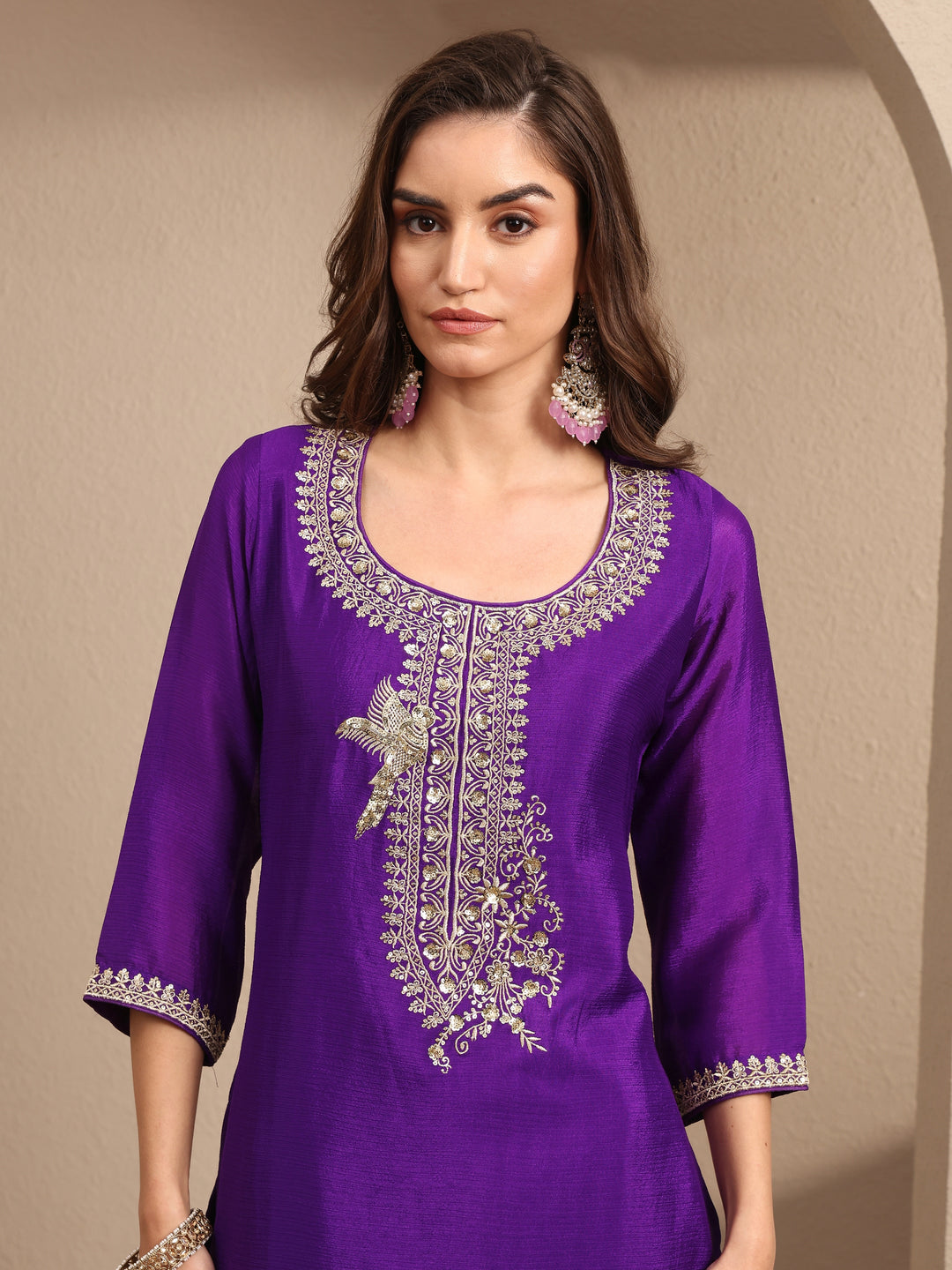  Purple Embroidered Chinon Straight Suit Set With Dupatta 