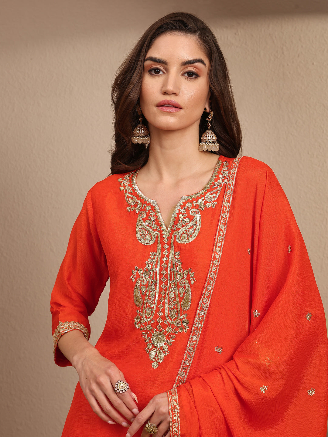  Orange Embroidered Chinon Straight Suit Set With Dupatta 