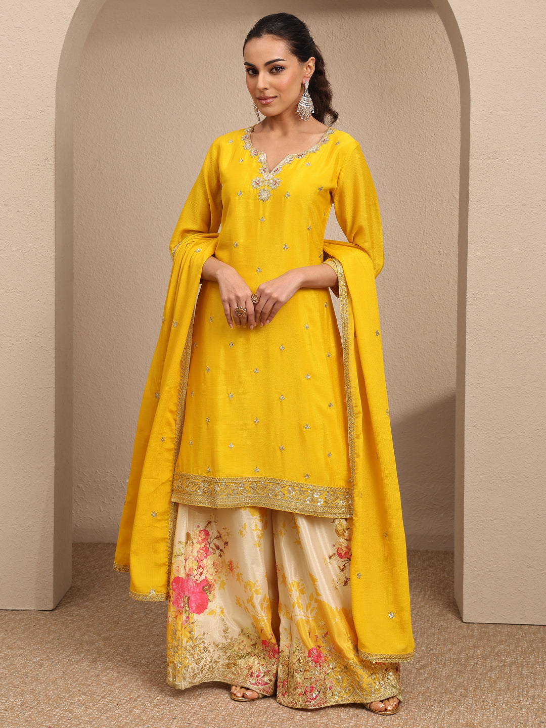  Yellow Embroidered Chinon Straight Suit Set With Dupatta 