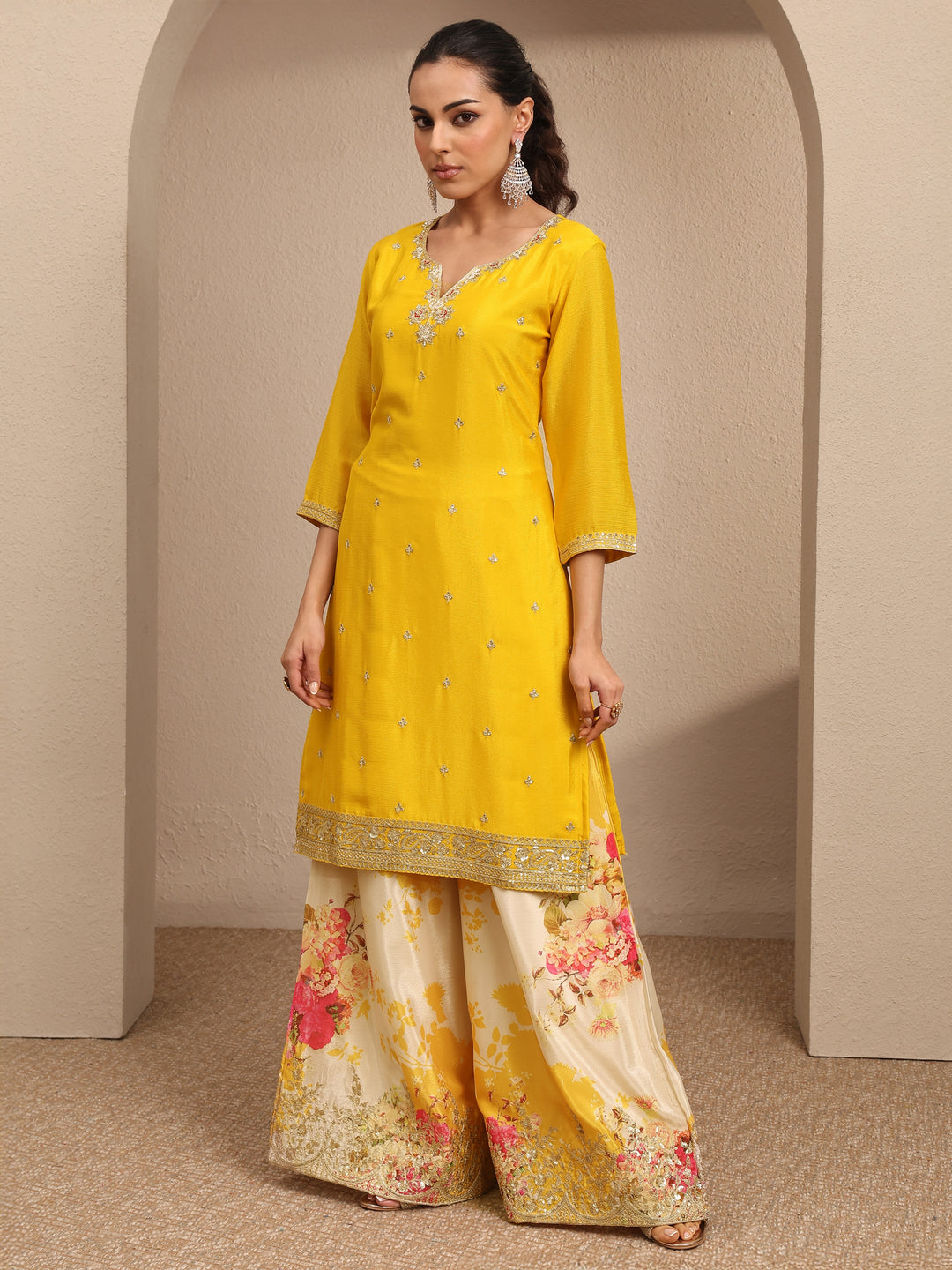  Yellow Embroidered Chinon Straight Suit Set With Dupatta 