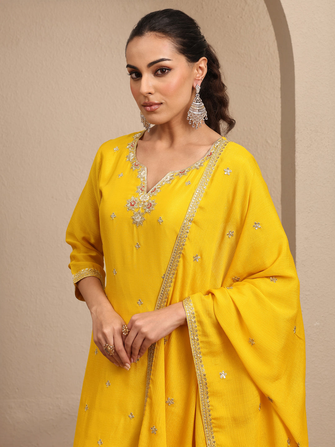  Yellow Embroidered Chinon Straight Suit Set With Dupatta 