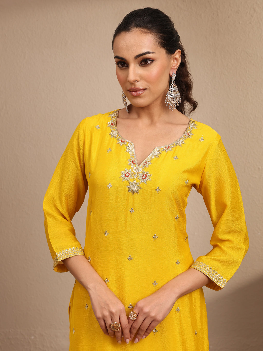  Yellow Embroidered Chinon Straight Suit Set With Dupatta 