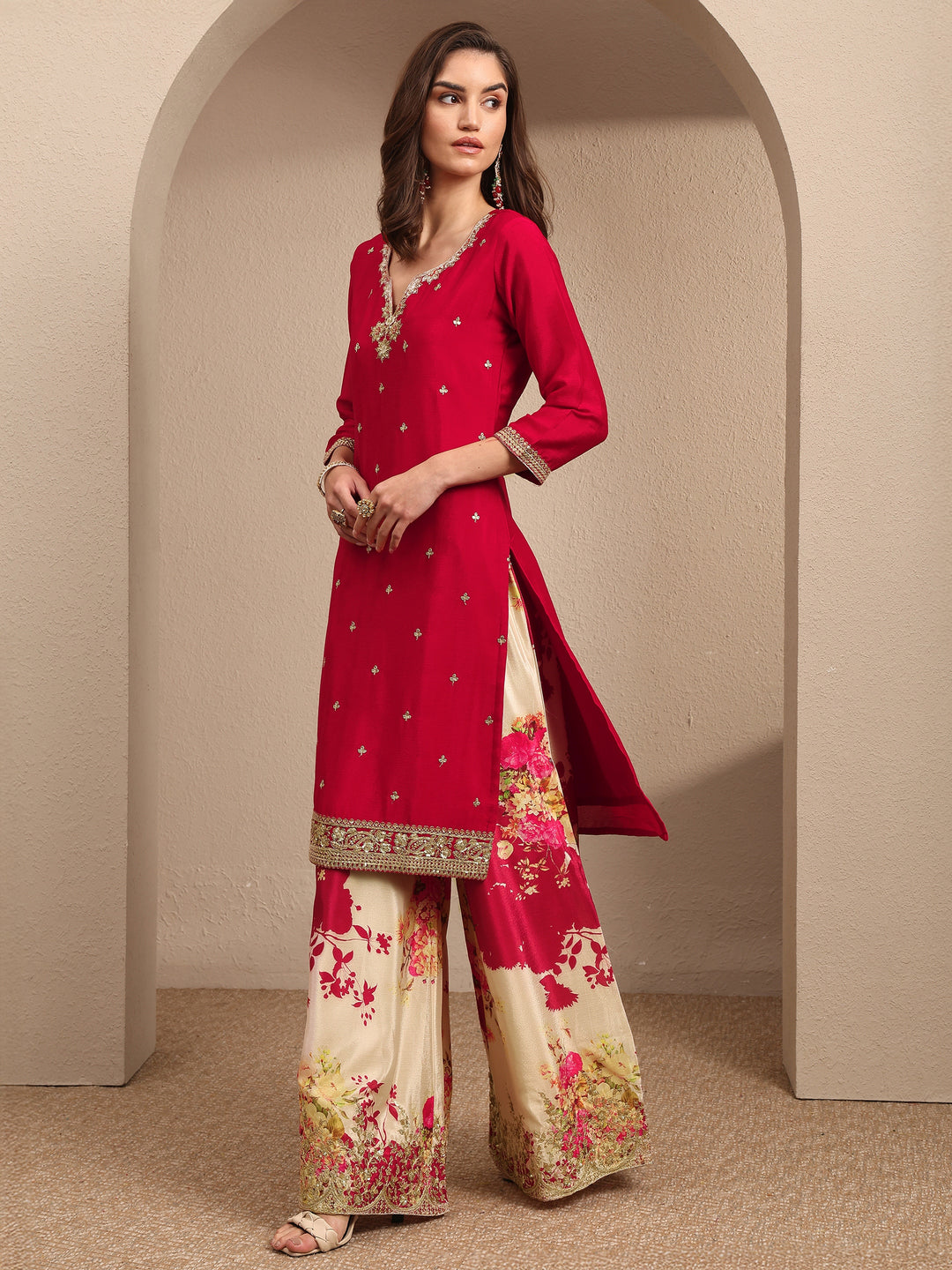  Red Embroidered Chinon Straight Suit Set With Dupatta 